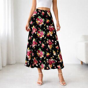 Lauren Ralph Lauren Navy Blue Pink Floral A line SILK Midi Skirt 10